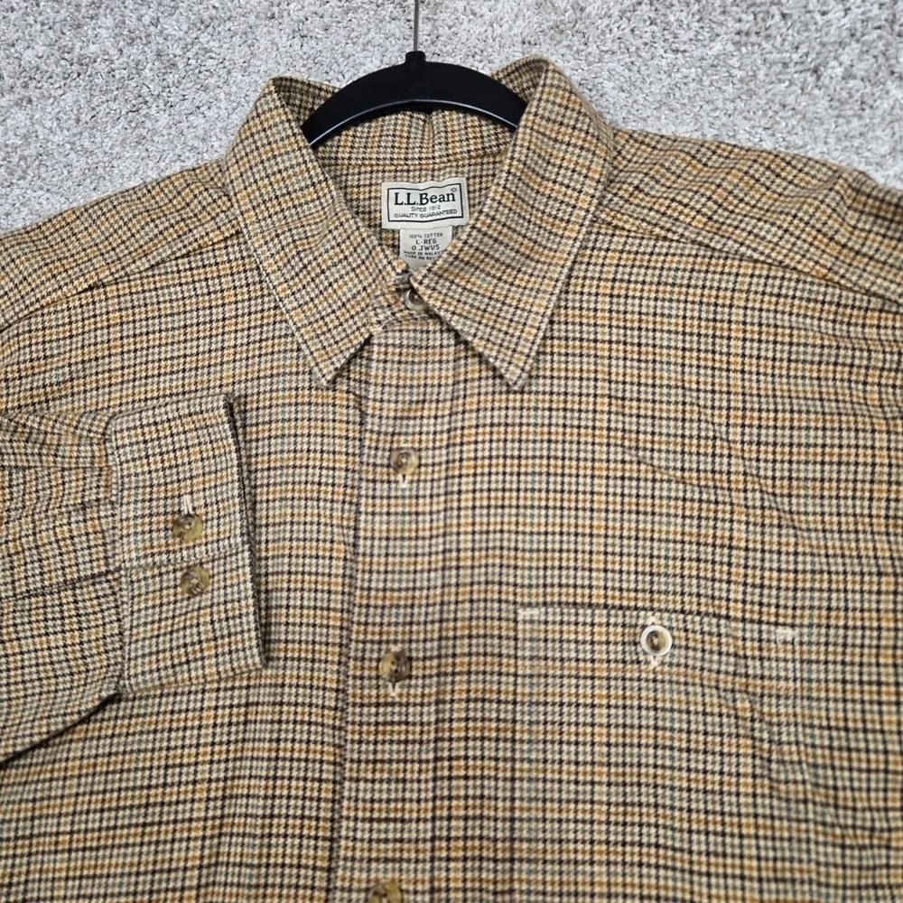 L.L. Bean shirt Men's Large Long Sleeve brown tan Gray Houndstooth RARE - Picture 1 of 8
